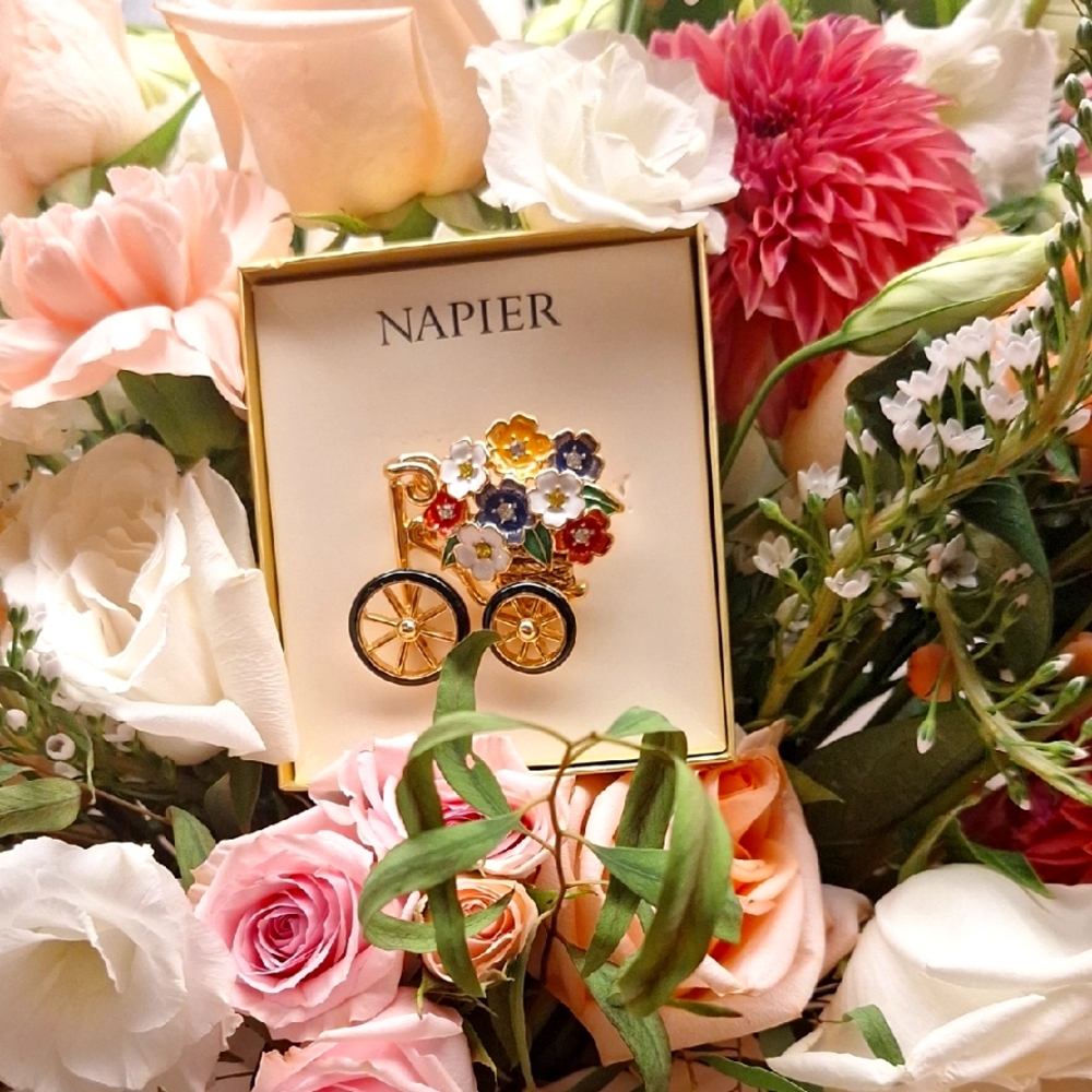 Napier Gold Bicycle Brooch with Floral Accents